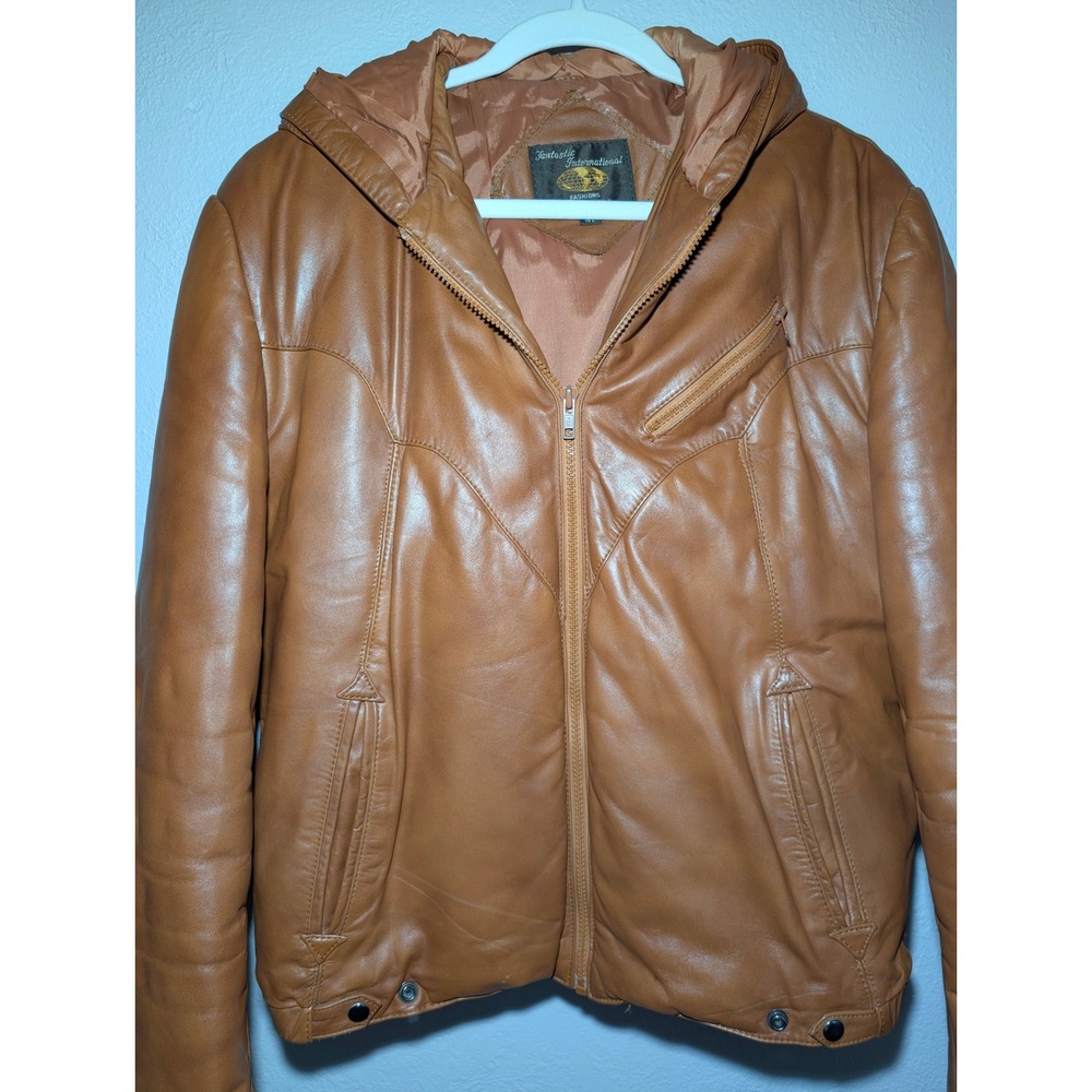 Fantastic International Leather Bomber Jacket Mens 42 Tan Good Hooded Vintage